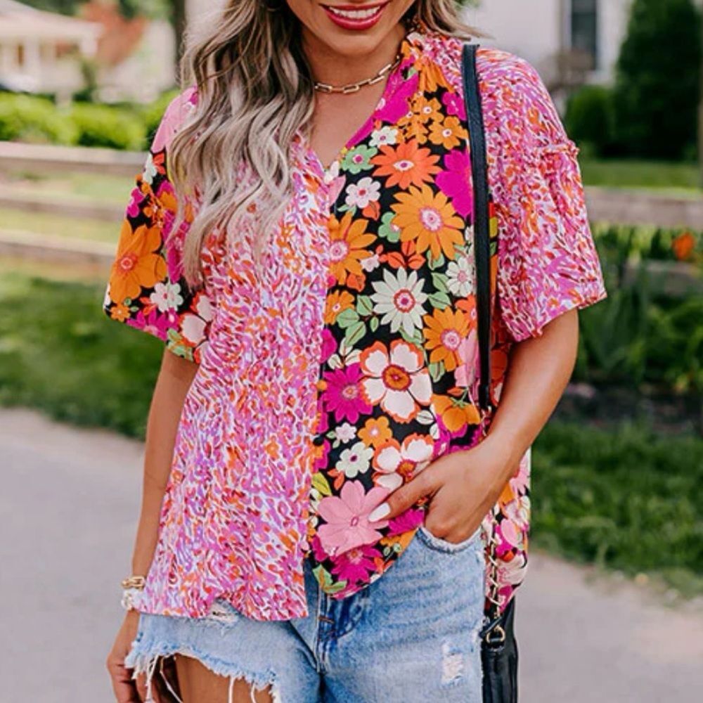 entro Pink and Orange Floral Patchwork Blouse